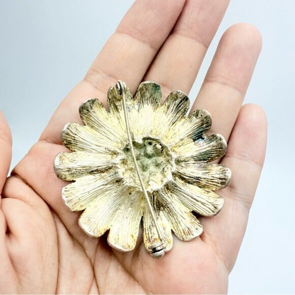 Vintage Flower Rhinestone MarbledSalmon Pink Enamel Brooch - Picture 4 of 5